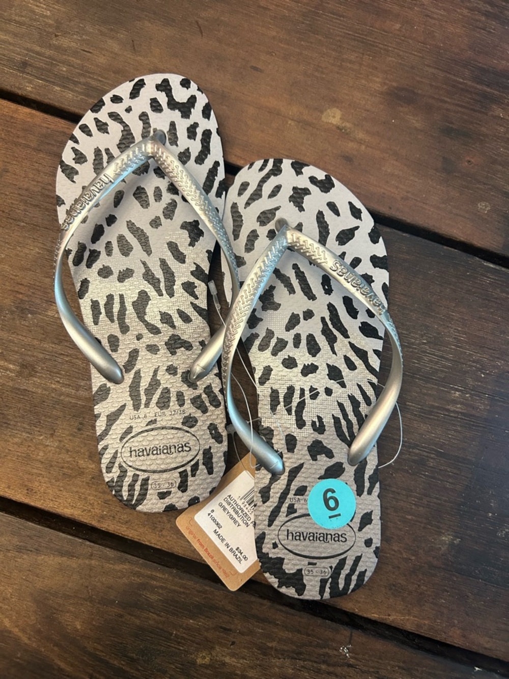 Havaianas Silver-Strap Zebra Print Flip Flops NWT